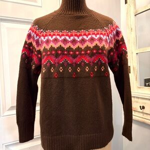 Lou & Grey Fair Women’s Isle Knit Turtleneck Sweater Medium Brown Red Cozy